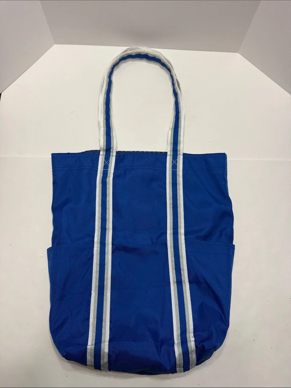 Bright Blue Striped Canvas Tote with Contrasting Trim